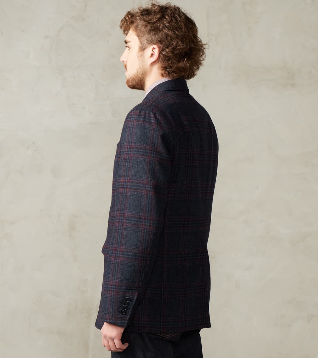 Single Breasted 2-Button Jacket - Glen Plaid Wool Blend Cloth - Navy