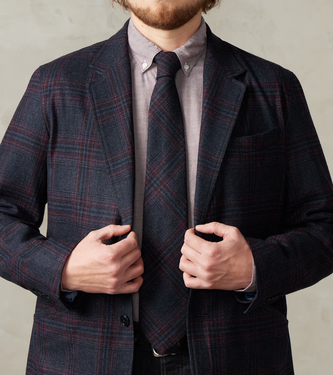 Single Breasted 2-Button Jacket - Glen Plaid Wool Blend Cloth - Navy