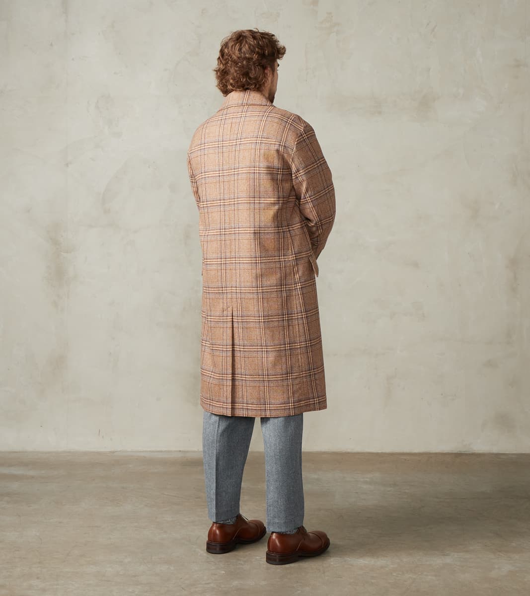 Double Breasted Slant Flap Pocket Coat - Glen Plaid Wool Blend Cloth - Beige