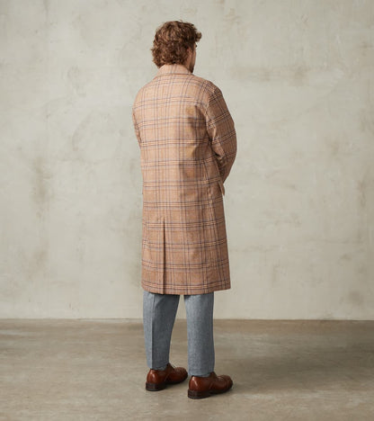 Double Breasted Slant Flap Pocket Coat - Glen Plaid Wool Blend Cloth - Beige