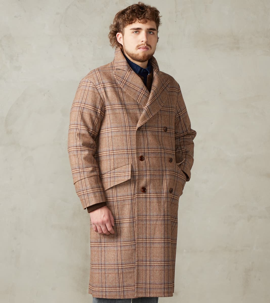 Double Breasted Slant Flap Pocket Coat - Glen Plaid Wool Blend Cloth - Beige