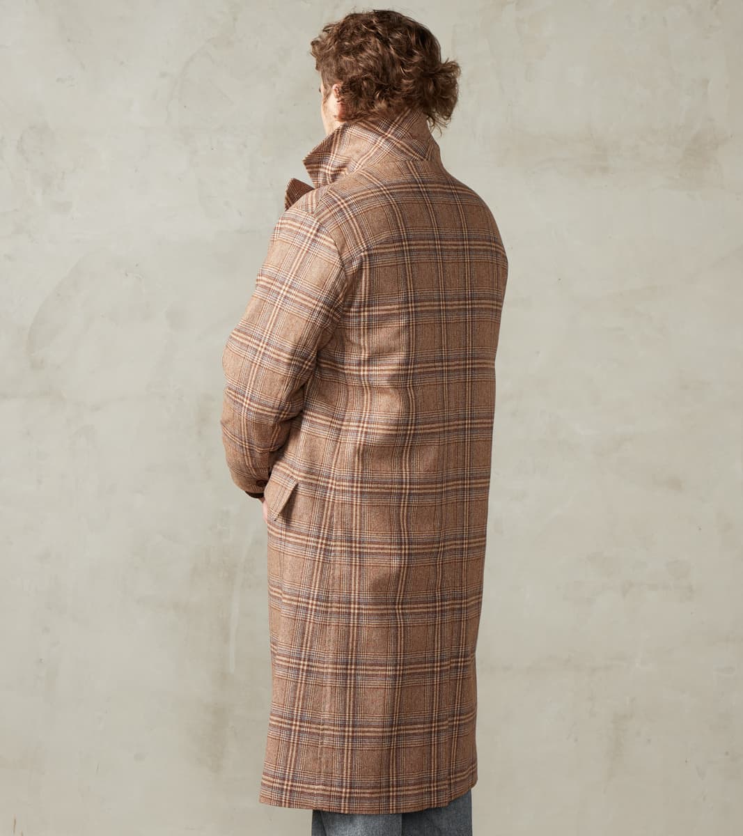 Double Breasted Slant Flap Pocket Coat - Glen Plaid Wool Blend Cloth - Beige