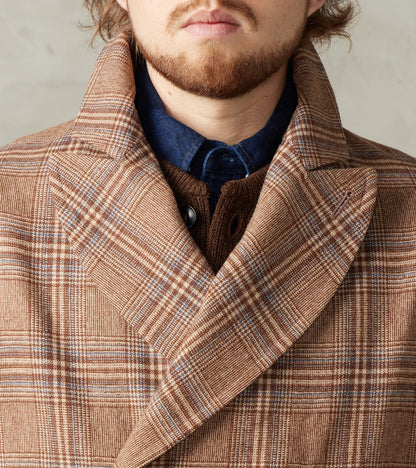 Double Breasted Slant Flap Pocket Coat - Glen Plaid Wool Blend Cloth - Beige