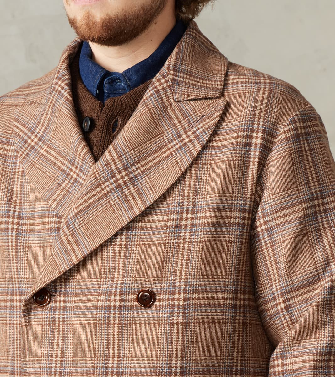 Double Breasted Slant Flap Pocket Coat - Glen Plaid Wool Blend Cloth - Beige