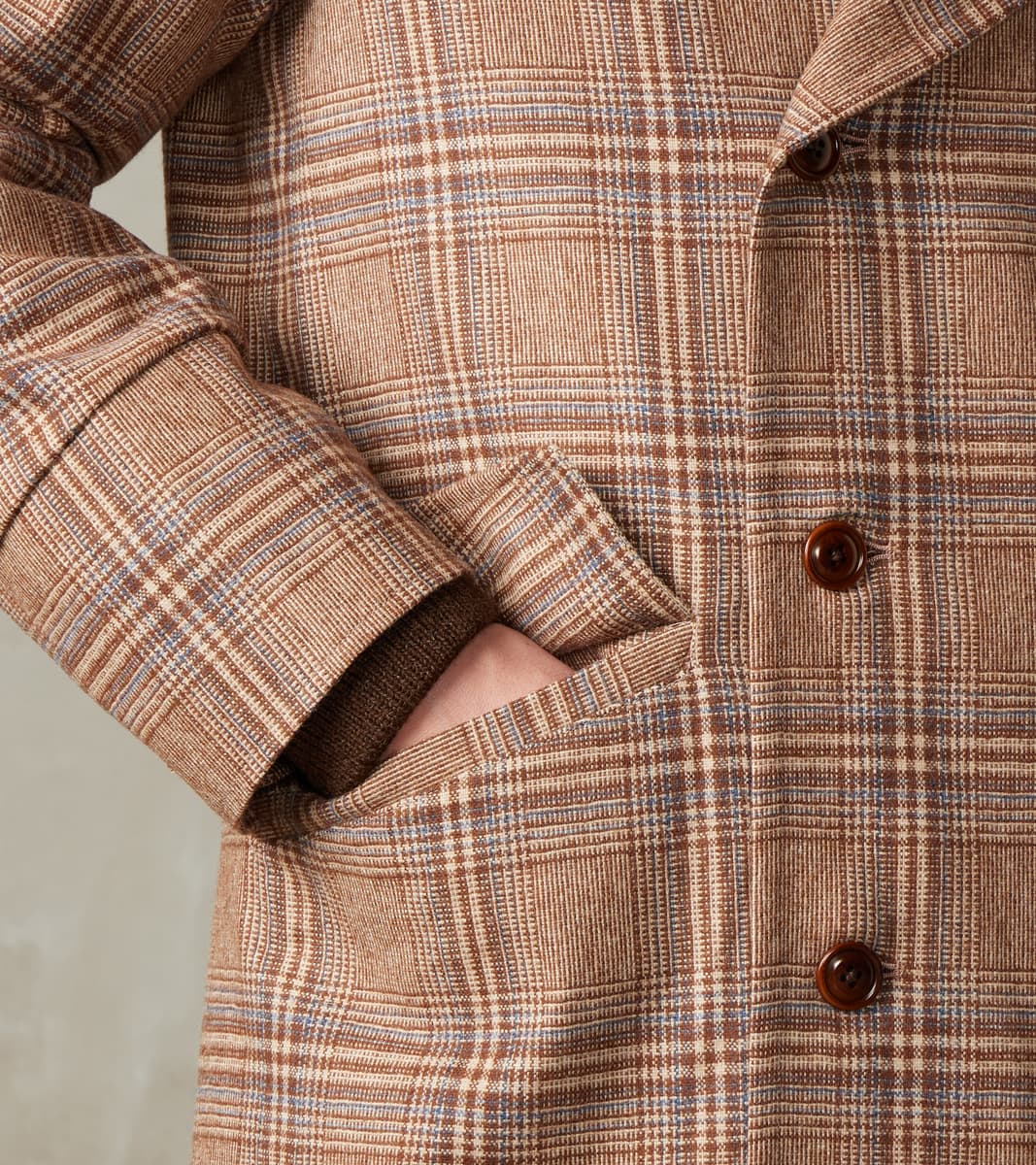 Double Breasted Slant Flap Pocket Coat - Glen Plaid Wool Blend Cloth - Beige