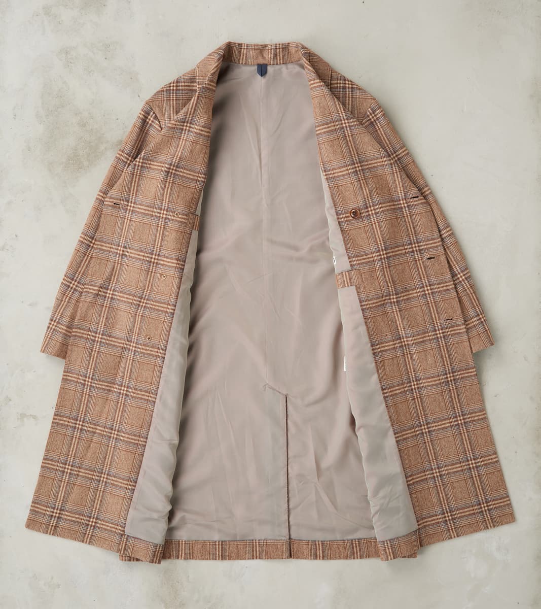 Double Breasted Slant Flap Pocket Coat - Glen Plaid Wool Blend Cloth - Beige