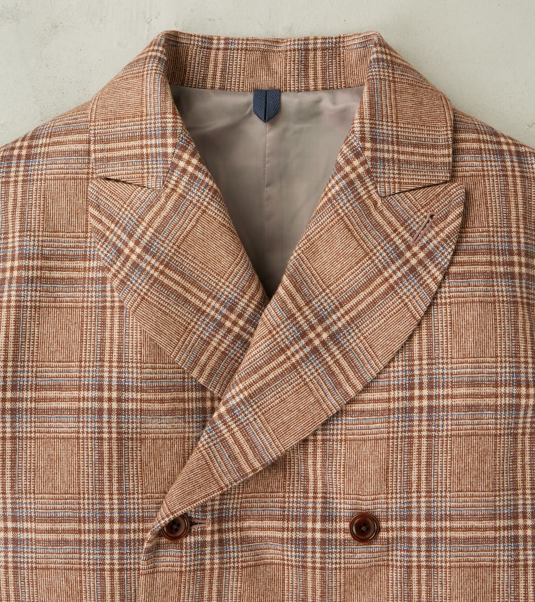 Double Breasted Slant Flap Pocket Coat - Glen Plaid Wool Blend Cloth - Beige