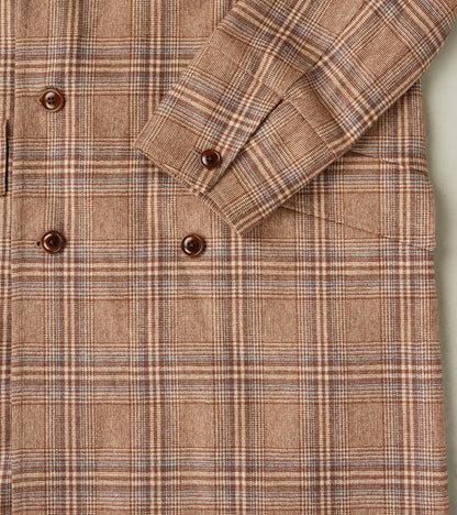 Double Breasted Slant Flap Pocket Coat - Glen Plaid Wool Blend Cloth - Beige