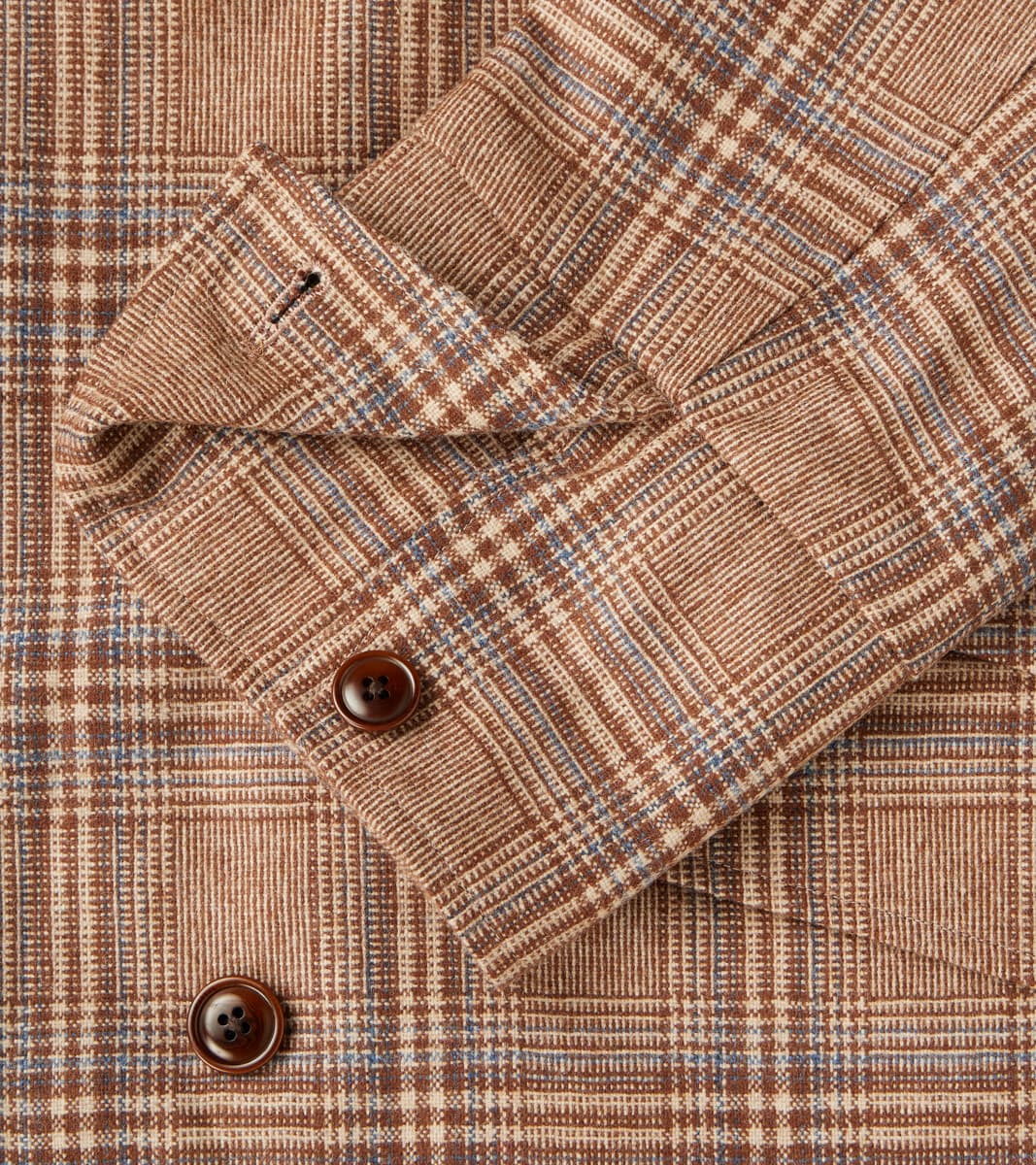 Double Breasted Slant Flap Pocket Coat - Glen Plaid Wool Blend Cloth - Beige