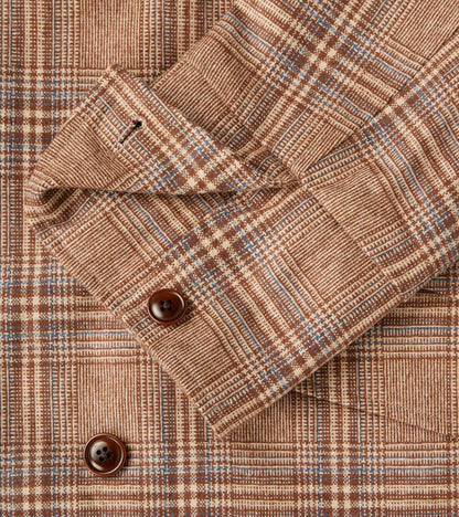 Double Breasted Slant Flap Pocket Coat - Glen Plaid Wool Blend Cloth - Beige