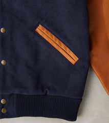 Varsity Jacket - Navy Brisbane Moss® Moleskin & Rust Leather