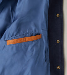 Division Road Products Varsity Jacket - Navy Brisbane Moss® Moleskin & Rust Leather