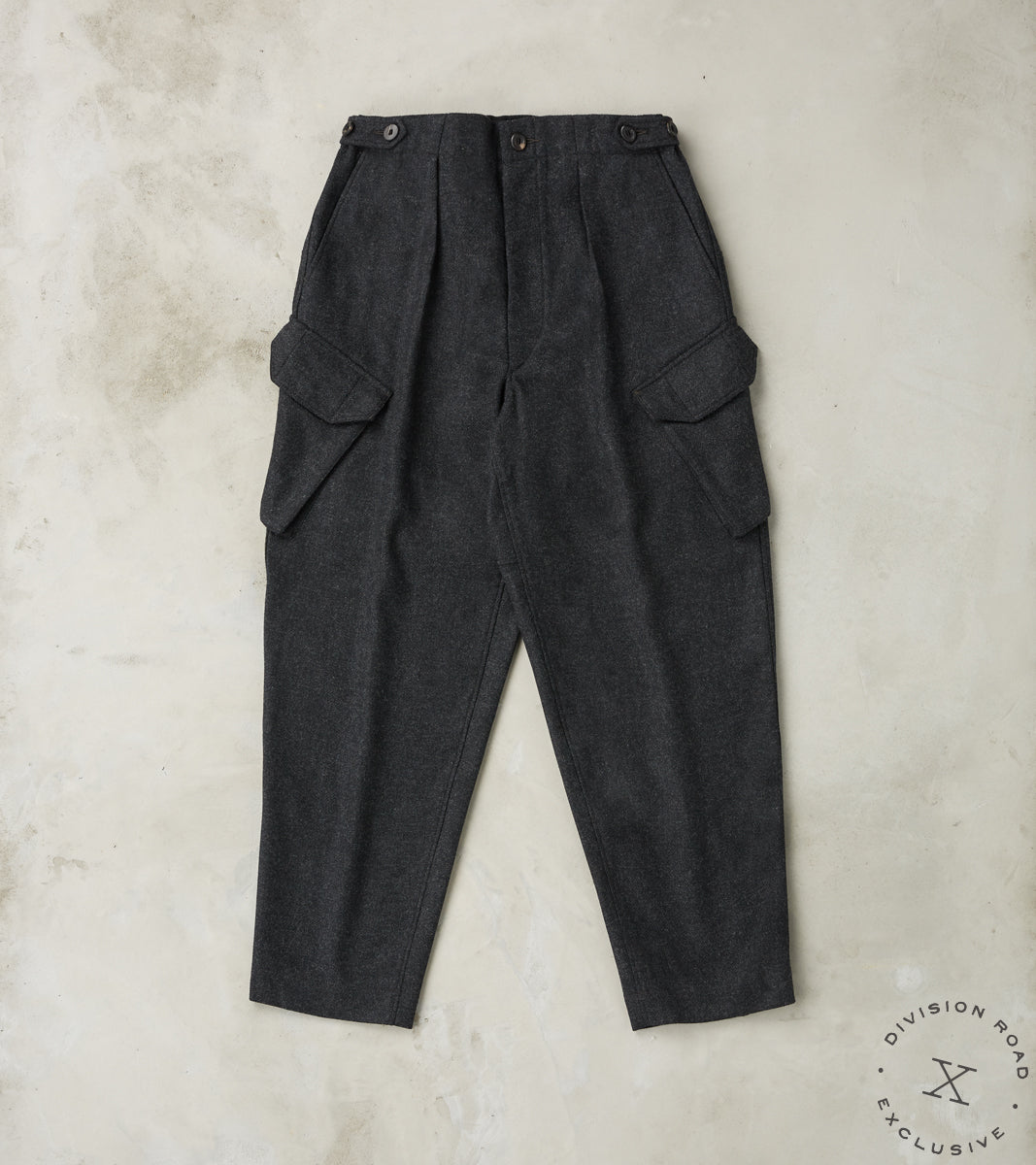 Division Road MotivMfg X DR Swiss Army Cargo Trousers - Abraham Moon® Coal Merino Twill