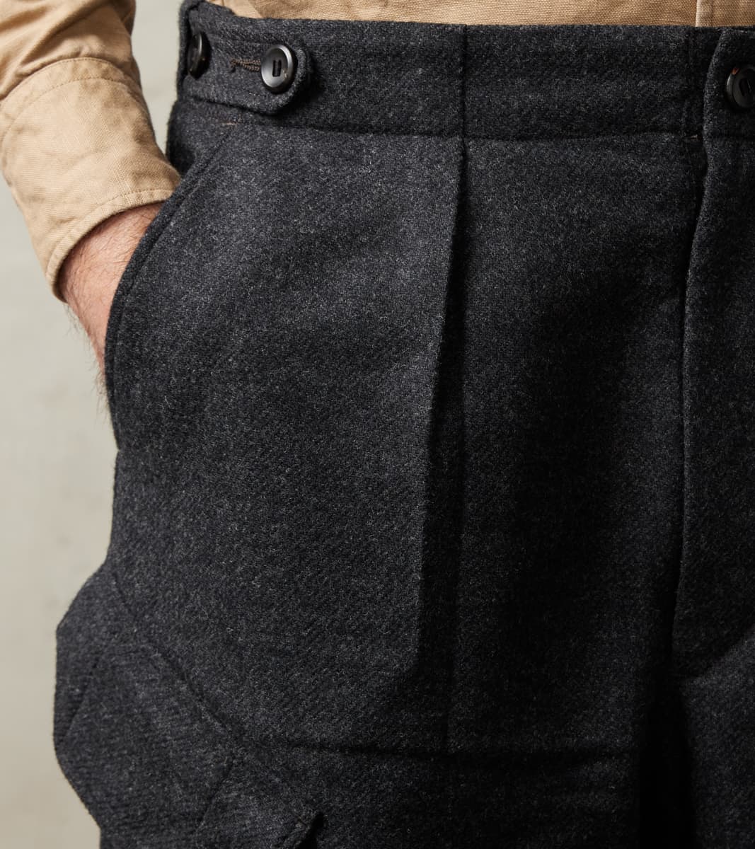 Division Road MotivMfg X DR Swiss Army Cargo Trousers - Abraham Moon® Coal Merino Twill