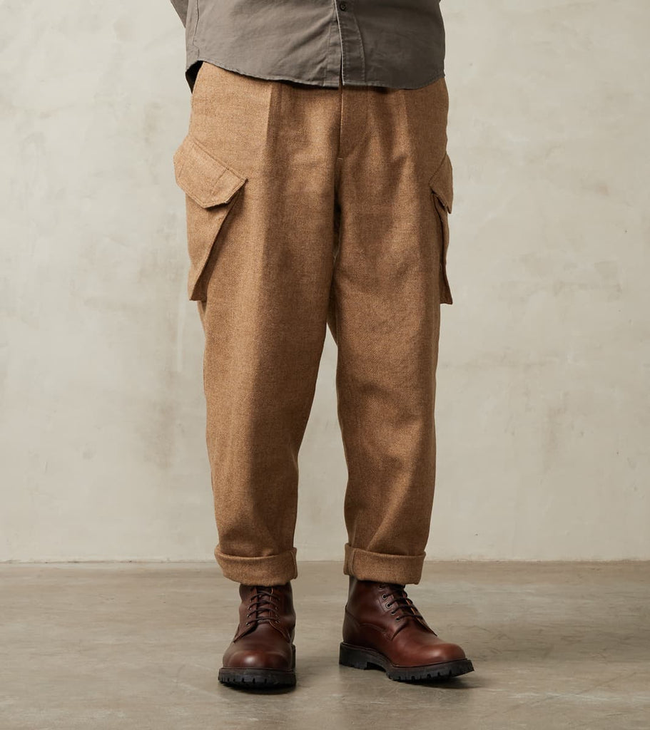 Division Road MotivMfg X DR Swiss Army Cargo Trousers - Abraham Moon® Camel Merino Twill